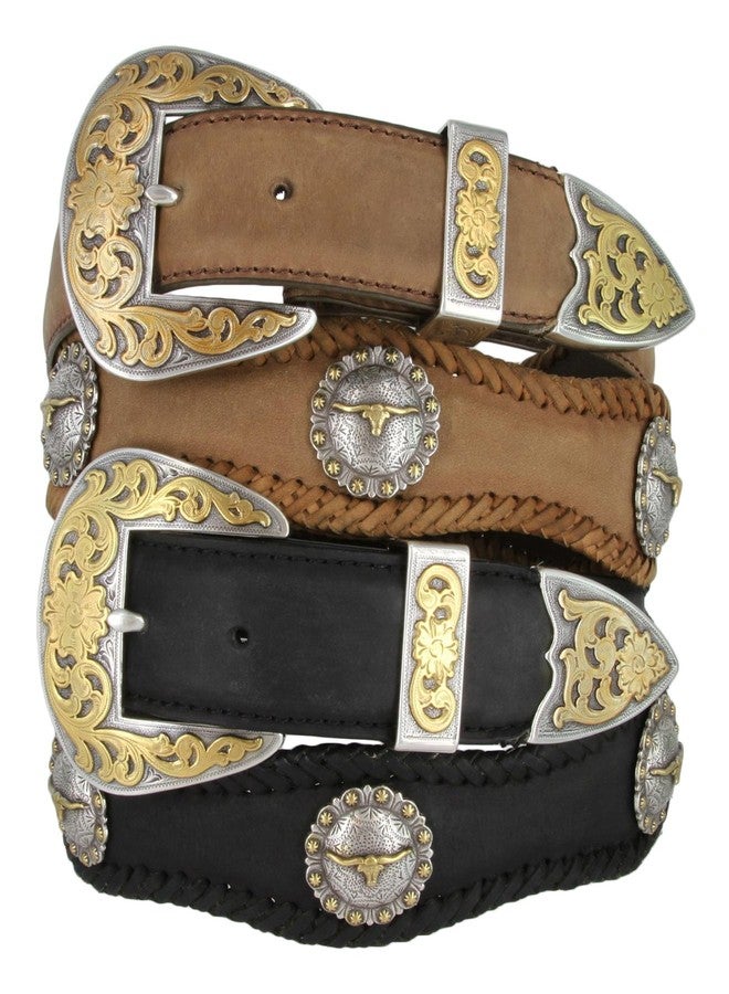 بيلتس.كوم حزام جلدي غربي مزخرف بحواف مقوسة، مصنوع من جلد الثيران طويلة القرون، بعرض 1.5 بوصة. - Image 2