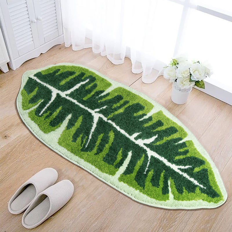 NOTASA Leaf Kids Rug Green Bathroom Runner Rug Small Cute Bath Mat Nursery Boho Area Rug Non Slip Long Carpet for Bedroom Children Room Kitchen Monstera Plant Home Decor 20x47 inch - Image 1