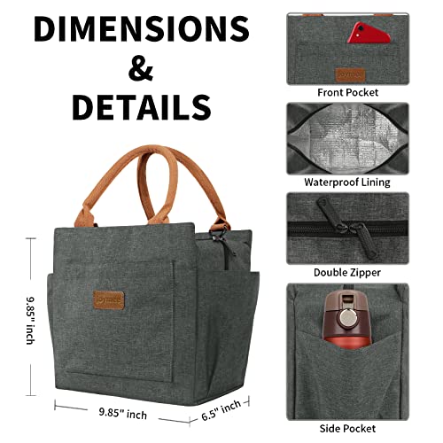 Joymee Lunch Bag Women Insulated Lunch Box Reusable Leakproof Large Spacious Cooler Tote for Womens Mens Adults with Bottle Holder and Side Pockets for Work Office Travel Picnic -Charcoal Gray - Image 2