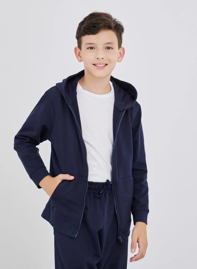 Styli Styli Navy Blue Full Zip Hoodie with Pockets