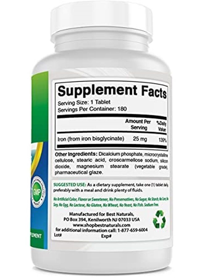 Best Naturals مكمل الحديد (حديد بيزغليسينات) - 25 ملغ - 180 قرص - لطيف على المعدة - غير مسبب للإمساك - Image 2