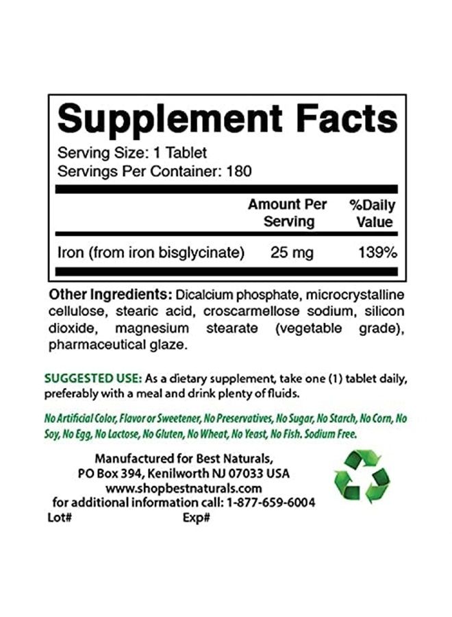 Best Naturals مكمل الحديد (حديد بيزغليسينات) - 25 ملغ - 180 قرص - لطيف على المعدة - غير مسبب للإمساك - Image 3