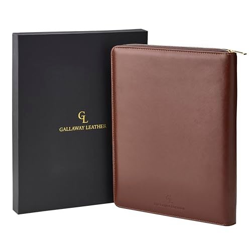 Gallaway Leather Genuine Leather Zippered Portfolio Organizer, Executive Business Binder Padfolio for Men and Women, Holder for Notebook Planner,Resume,Documents,Cards and iPad (Brown) - Image 1