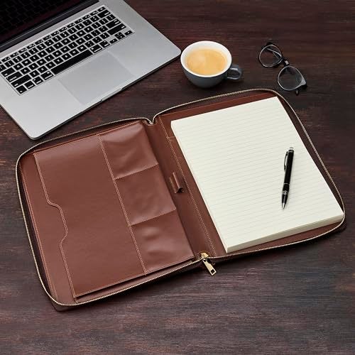 Gallaway Leather Genuine Leather Zippered Portfolio Organizer, Executive Business Binder Padfolio for Men and Women, Holder for Notebook Planner,Resume,Documents,Cards and iPad (Brown) - Image 2