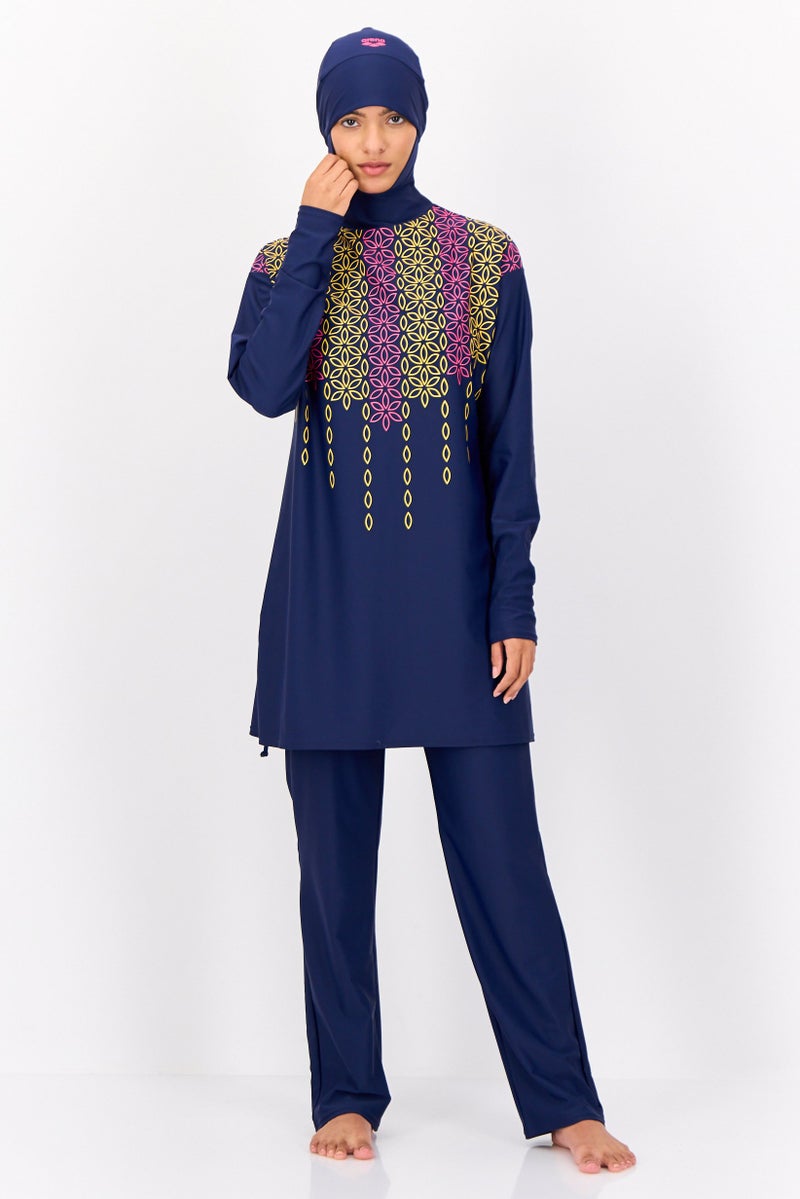 arena Women 2 Pcs Long Sleeves Hooded Rash Guard Top And Bottom Set, Navy - Image 1