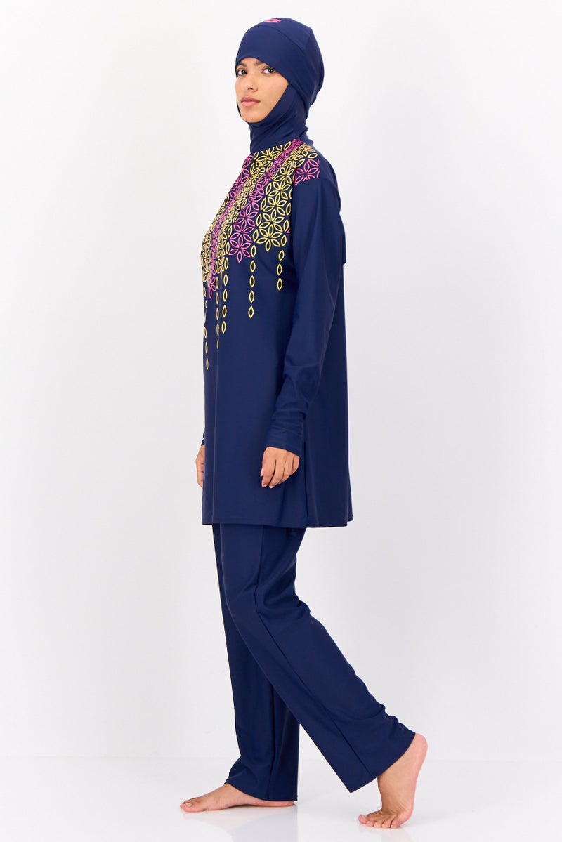 arena Women 2 Pcs Long Sleeves Hooded Rash Guard Top And Bottom Set, Navy - Image 3