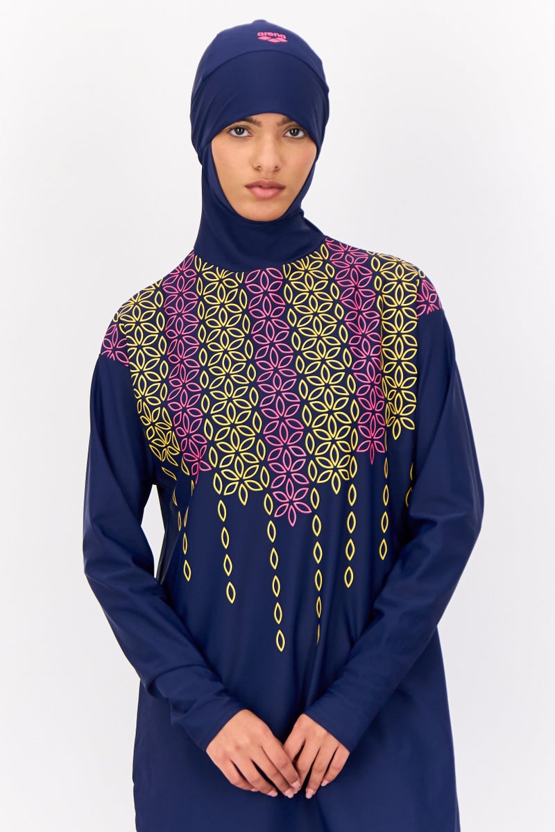 arena Women 2 Pcs Long Sleeves Hooded Rash Guard Top And Bottom Set, Navy - Image 2