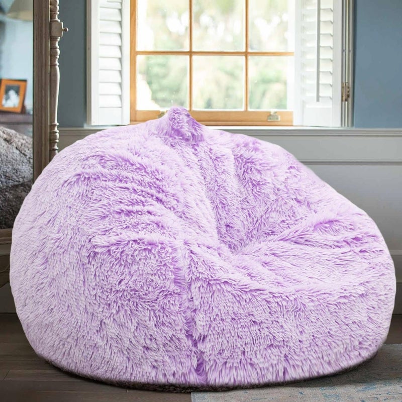 Kisoy Fluffy Stuffed Animal Storage Bean Bag Chair Cover (No Filler), Faux Fur Comfy Bean Bag Cover for Organizing Plush Toys or Textile, for Adults Teens Kids Girls, Lavender - Image 1