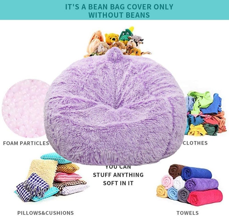 Kisoy Fluffy Stuffed Animal Storage Bean Bag Chair Cover (No Filler), Faux Fur Comfy Bean Bag Cover for Organizing Plush Toys or Textile, for Adults Teens Kids Girls, Lavender - Image 3
