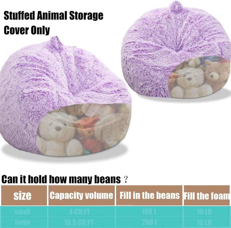 Kisoy Fluffy Stuffed Animal Storage Bean Bag Chair Cover (No Filler), Faux Fur Comfy Bean Bag Cover for Organizing Plush Toys or Textile, for Adults Teens Kids Girls, Lavender - Image 4