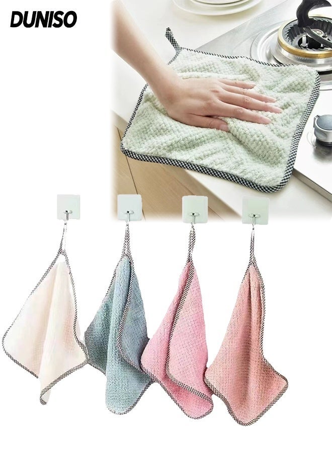 DUNISO 4 Pcs Kitchen Dish Cloths,Coral Fleece Cleaning Cloth,Highly Absorbent Wipe Cloths, Fast Drying Scouring Pad,with Lanyard,Easy-Rinse,Nonstick Oil,for Washing Dishes, Glass and Tables - Image 1