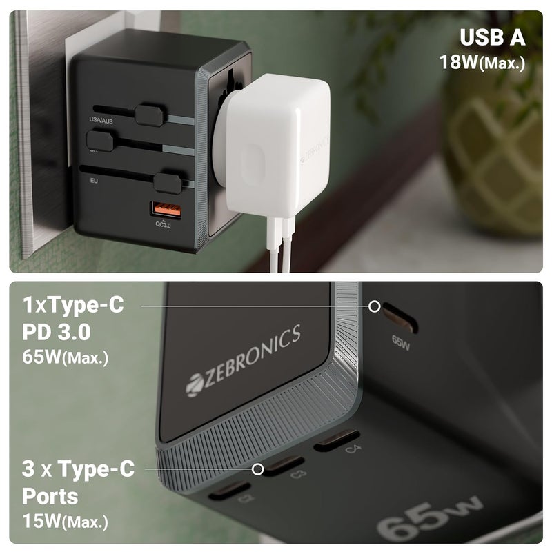 ZEBRONICS محول سفر شامل 2500 واط، حتى 10 أمبير، USB-A، 3xType-C، Type-C PD 3.0، مقبس عالمي، دبابيس قابلة للتبديل للاتحاد الأوروبي|كوريا|المملكة المتحدة|الولايات المتحدة|اليابان|أستراليا|الصين، للهواتف المحمولة، والأجهزة اللوحية، واللابتوب (Travmate 650) - Image 4