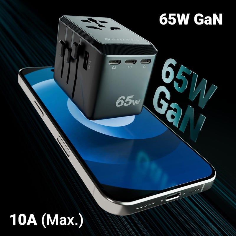 ZEBRONICS محول سفر شامل 2500 واط، حتى 10 أمبير، USB-A، 3xType-C، Type-C PD 3.0، مقبس عالمي، دبابيس قابلة للتبديل للاتحاد الأوروبي|كوريا|المملكة المتحدة|الولايات المتحدة|اليابان|أستراليا|الصين، للهواتف المحمولة، والأجهزة اللوحية، واللابتوب (Travmate 650) - Image 3