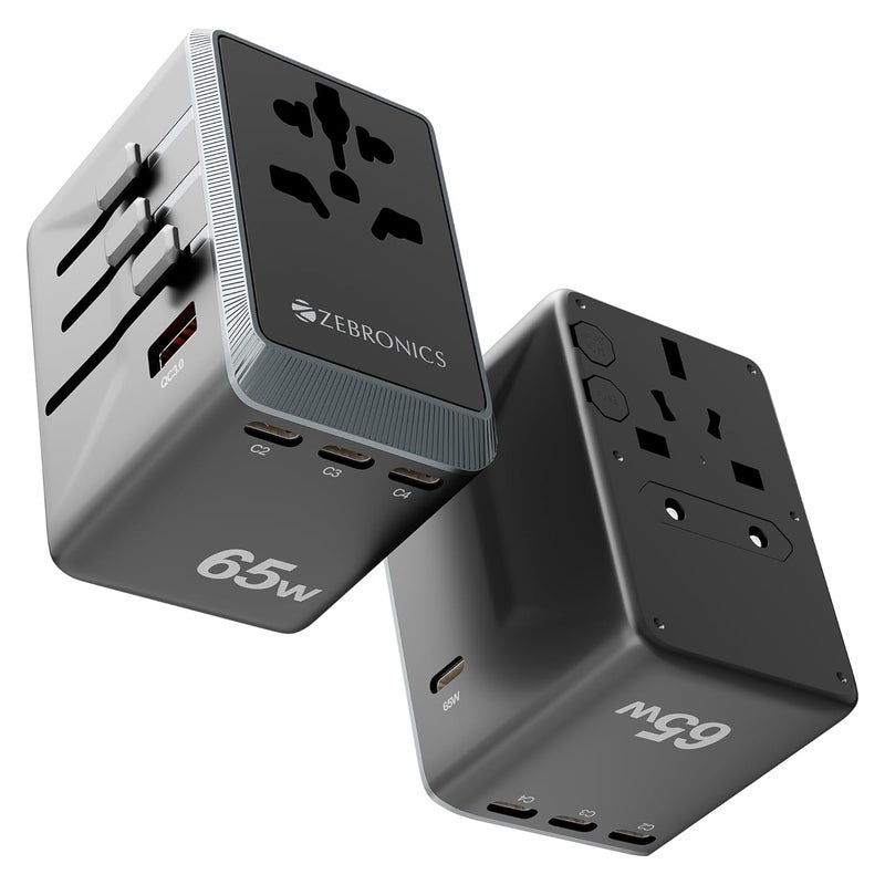 ZEBRONICS محول سفر شامل 2500 واط، حتى 10 أمبير، USB-A، 3xType-C، Type-C PD 3.0، مقبس عالمي، دبابيس قابلة للتبديل للاتحاد الأوروبي|كوريا|المملكة المتحدة|الولايات المتحدة|اليابان|أستراليا|الصين، للهواتف المحمولة، والأجهزة اللوحية، واللابتوب (Travmate 650) - Image 1