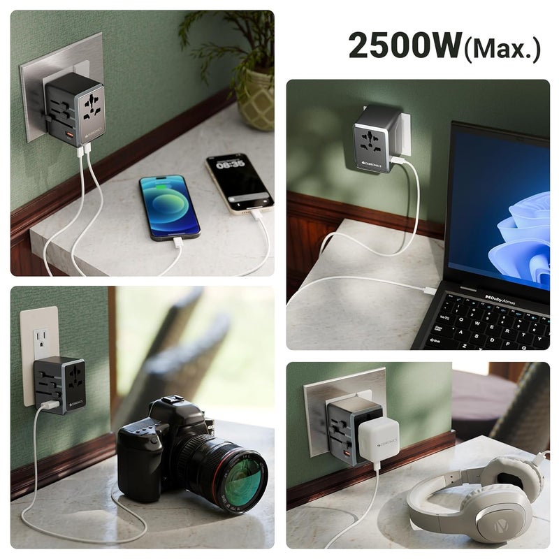 ZEBRONICS محول سفر شامل 2500 واط، حتى 10 أمبير، USB-A، 3xType-C، Type-C PD 3.0، مقبس عالمي، دبابيس قابلة للتبديل للاتحاد الأوروبي|كوريا|المملكة المتحدة|الولايات المتحدة|اليابان|أستراليا|الصين، للهواتف المحمولة، والأجهزة اللوحية، واللابتوب (Travmate 650) - Image 2