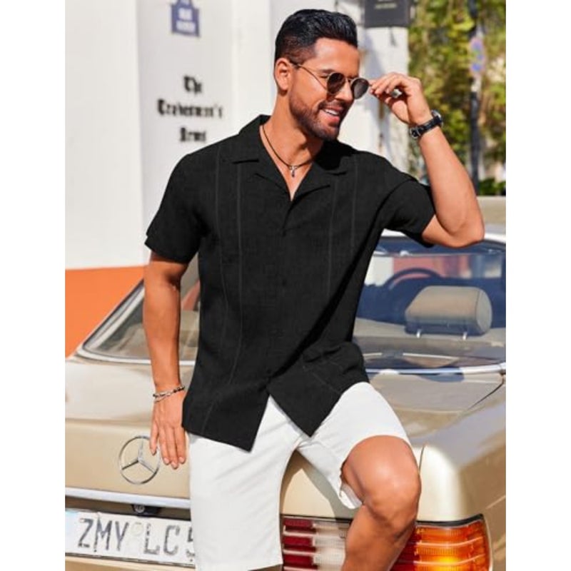 قمصان COOFANDY Guayabera للرجال كوبية بأكمام قصيرة وأزرار سفلية للصيف وقمصان كتان - Image 2