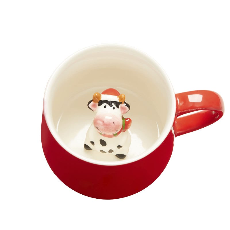 3D Coffee Mug Christmas Cow Inside CupCute Handmade Animal Figurine Ceramics TeacupChristmasBirthdayMothers Day Gifts for Friends Family or KidsBest Cocoa Cups Couples Mugs Red Cow