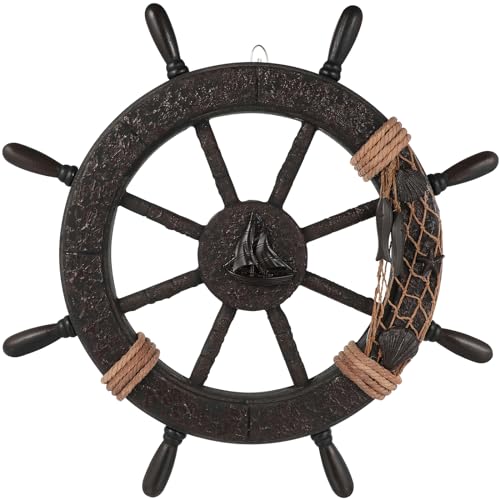 ULTNICE Nautical Wheel Decor Rustic Boat Steering Wheel Fishing Net Wall Sculpture Rudder Hanging Ornament Mediterranean Style Nautical Captain Rudder for Home Beach Theme Decor - Image 1