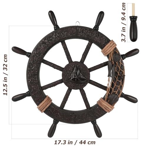 ULTNICE Nautical Wheel Decor Rustic Boat Steering Wheel Fishing Net Wall Sculpture Rudder Hanging Ornament Mediterranean Style Nautical Captain Rudder for Home Beach Theme Decor - Image 2