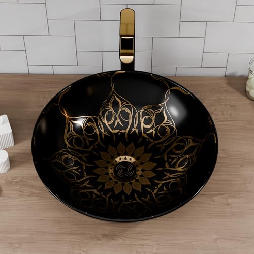 B Backline Ceramic Moroccan Table Top Wash Basin/Counter Top Wash Basin/Bathroom Sink For Bathrooms & Livingroom 41 X 41 X 14 Cm (Black Gold Glossy) - Image 3