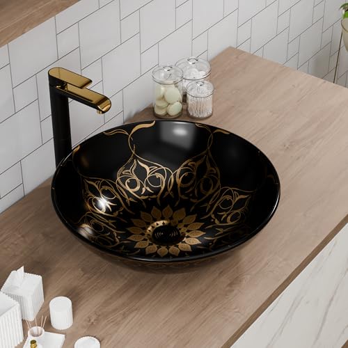 B Backline Ceramic Moroccan Table Top Wash Basin/Counter Top Wash Basin/Bathroom Sink For Bathrooms & Livingroom 41 X 41 X 14 Cm (Black Gold Glossy) - Image 4