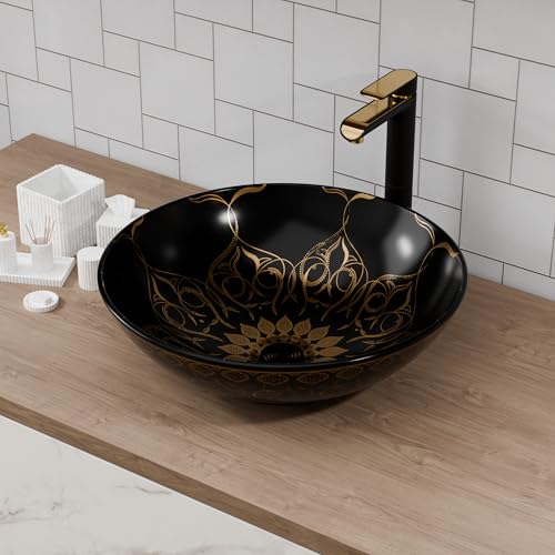 B Backline Ceramic Moroccan Table Top Wash Basin/Counter Top Wash Basin/Bathroom Sink For Bathrooms & Livingroom 41 X 41 X 14 Cm (Black Gold Glossy) - Image 1