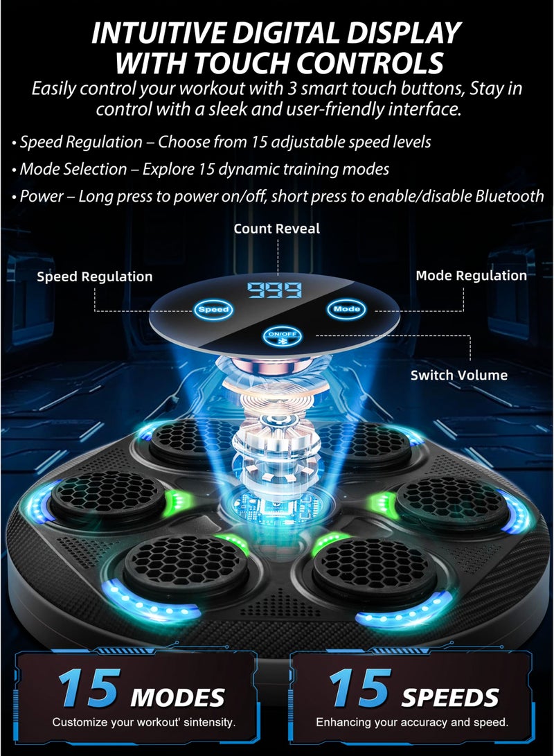 دي بلو جهاز ملاكمة ذكي موسيقي للتثبيت على الحائط مع ارتفاع قابل للتعديل وشاشة LED، تأثيرات إضاءة RGB، مكبر صوت بلوتوث، تتبع أهداف اللكم، 15 وضعًا وسرعة للتدريب، يشمل قفازات، تدريب على رد الفعل للأطفال والبالغين ومناسب لتمارين اللياقة البدنية المنزلية. لعبة رياضية تعليمية للأطفال، وسادة ملاكمة للتدريب - Image 4