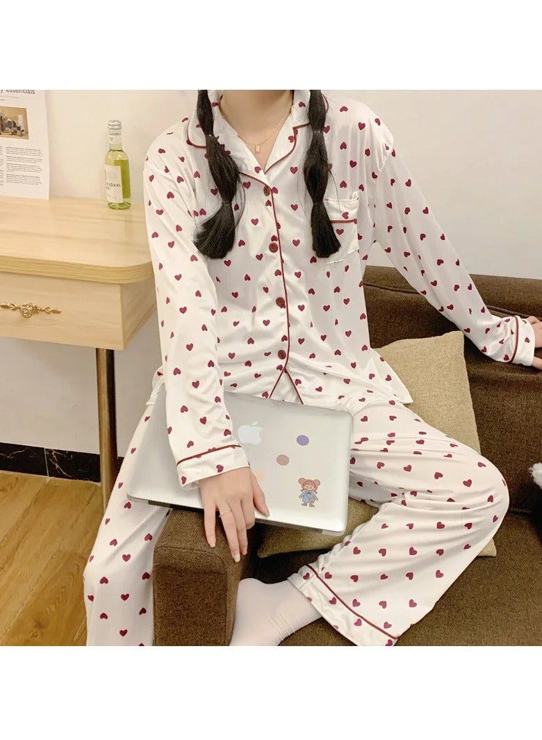 Elegant Women's Pajama Set in White with Black Hearts - Image 1