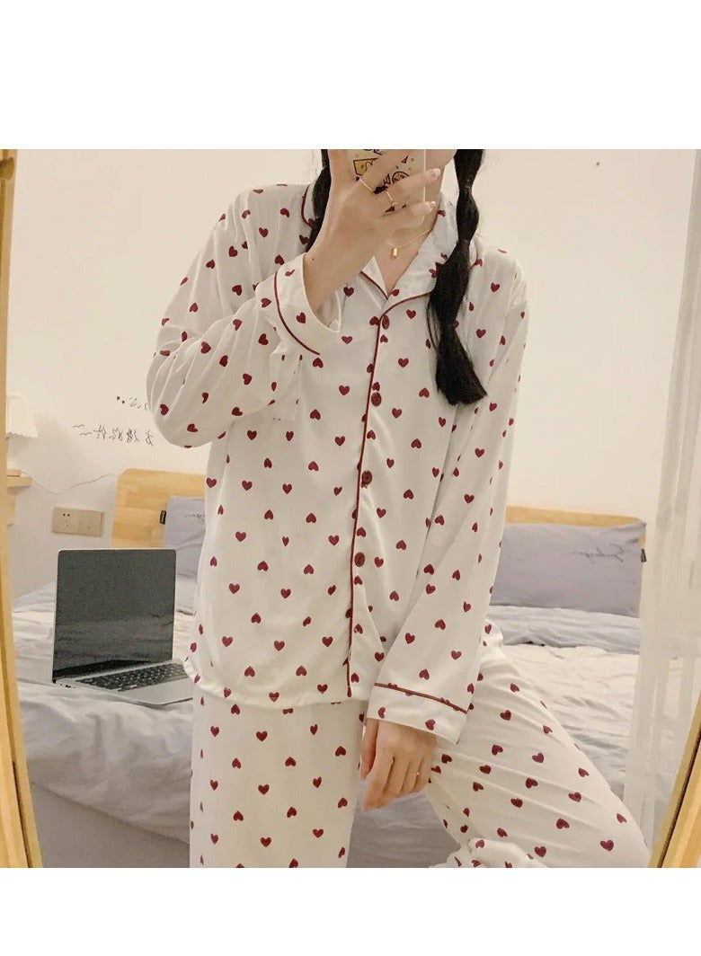 Elegant Women's Pajama Set in White with Black Hearts - Image 2