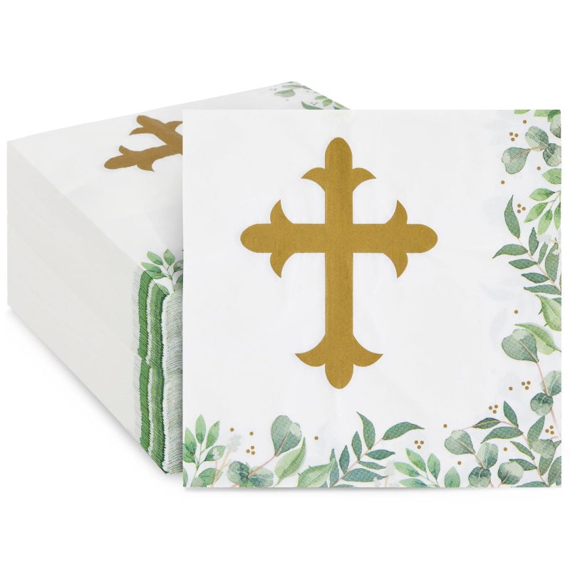100 Pack Cross Cocktail Napkins for Easter Party Baptism First Communion Christening Decorations for Religious Themed Events and Special Occasions 65 x 65 In