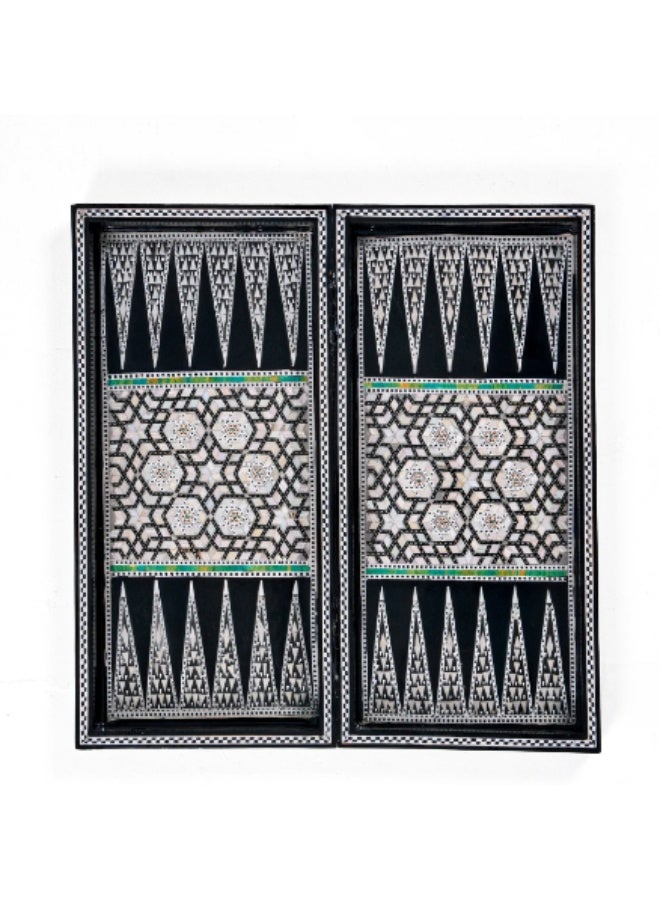 Handmade Backgammon & Chess Wooden Folding Board Inlaid with Mother of Pearl & Green Abalone Shell, Black - Size 40x40 cm - Image 2