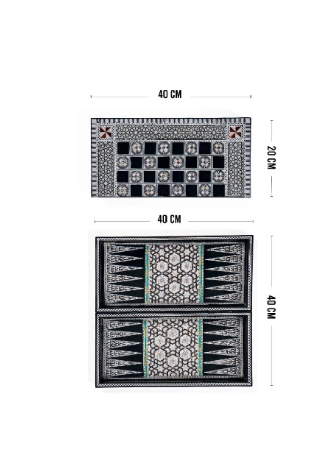 Handmade Backgammon & Chess Wooden Folding Board Inlaid with Mother of Pearl & Green Abalone Shell, Black - Size 40x40 cm - Image 5