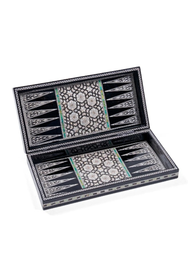 Handmade Backgammon & Chess Wooden Folding Board Inlaid with Mother of Pearl & Green Abalone Shell, Black - Size 40x40 cm - Image 1