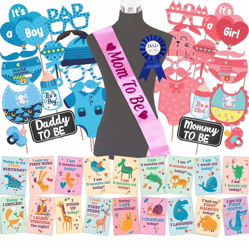 Wobbox Baby Shower Decoration Items| Baby Shower Ceremony Photo Booth Props for Photoshoot, Daddy to Be Badge & Mom to Be Sash with Milestone Card, Godh Bharai Ceremony Decoration Kit-(FP774) - Image 1