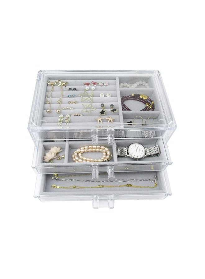 PROMASS Jewelry Box Organizer with 3 Drawers,Jewelry Organizer Velvet Jewelry Box Clear Jewelry Display Case for Women Earring Rings Bangle Bracelet and Necklace Holder Storage - Image 2