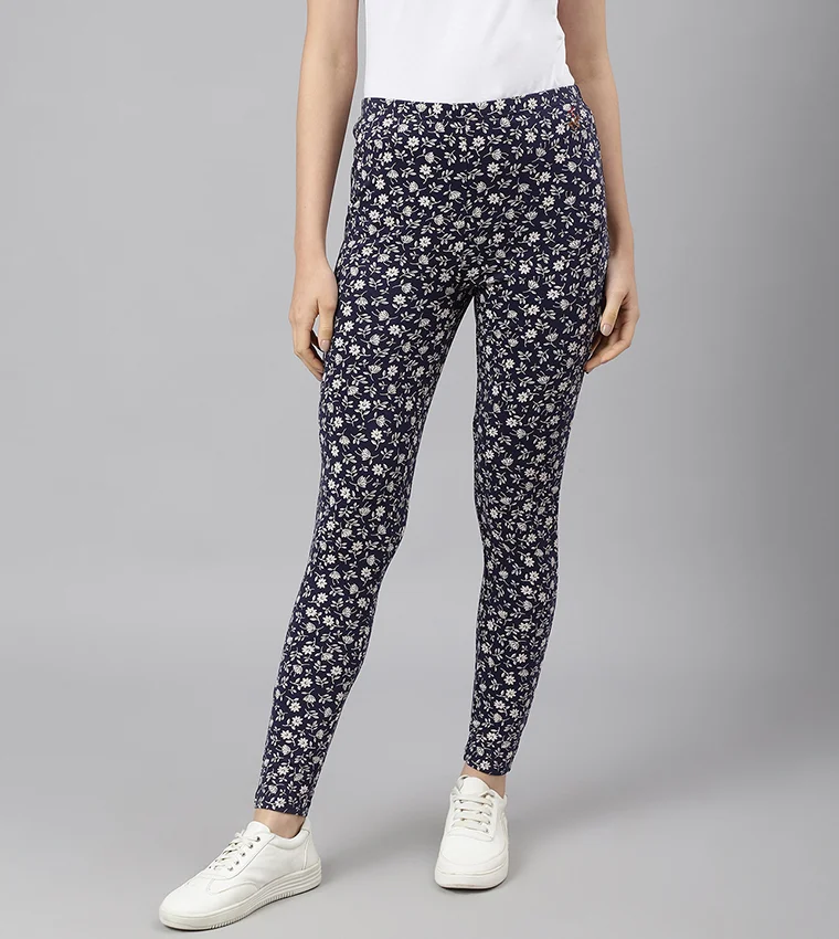 Beverly Hills Polo Club Women Navy Blue Floral Leggings