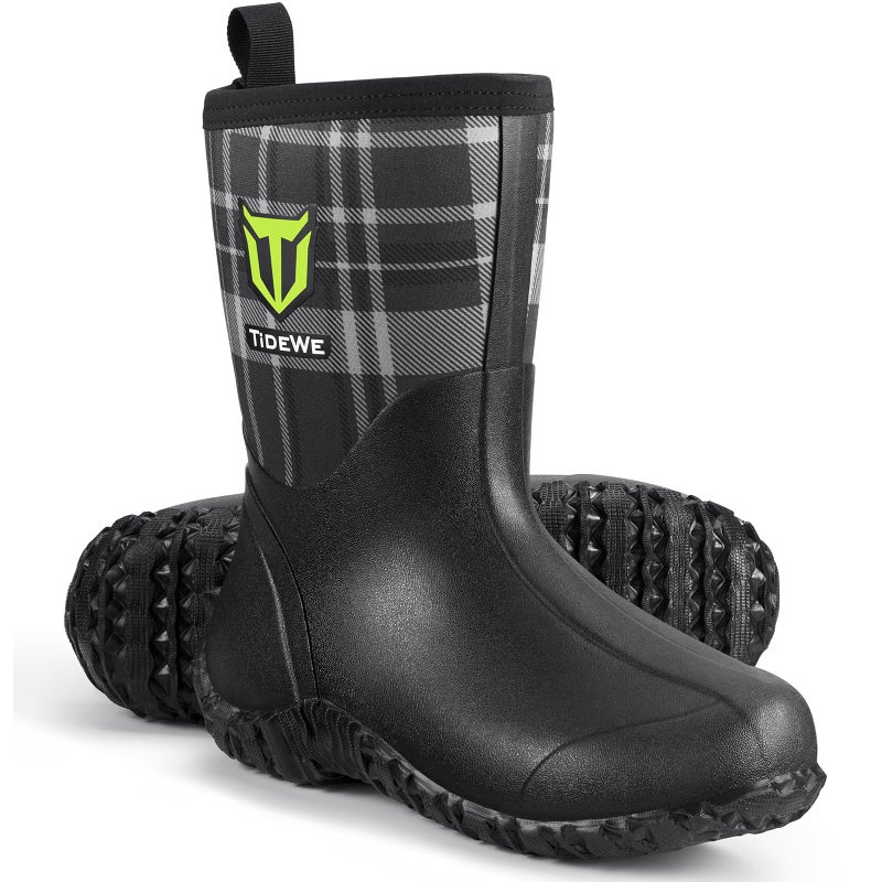 TIDEWE Rubber Boots for Women with Steel Shank, 6mm Neoprene Waterproof Insulated Mid Calf Rain Boots, Sturdy Hunting Work Boots for Farming Gardening Fishing (Plaid Size 10) - Image 1