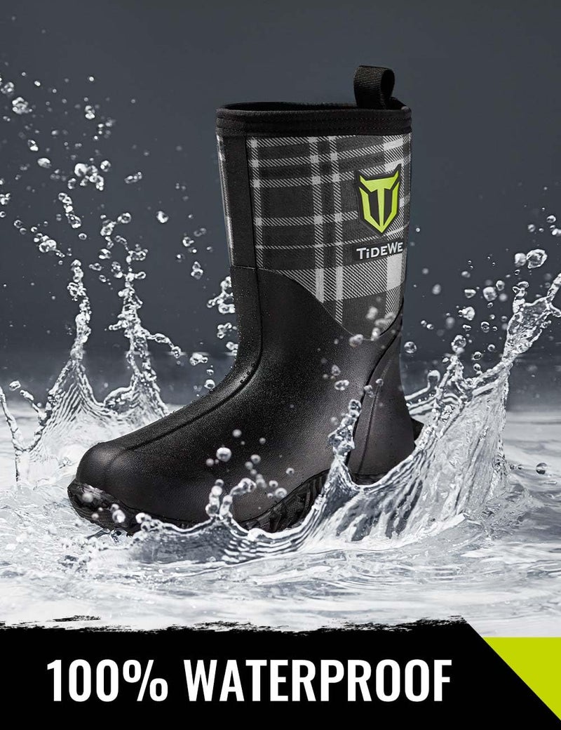 TIDEWE Rubber Boots for Women with Steel Shank, 6mm Neoprene Waterproof Insulated Mid Calf Rain Boots, Sturdy Hunting Work Boots for Farming Gardening Fishing (Plaid Size 10) - Image 3