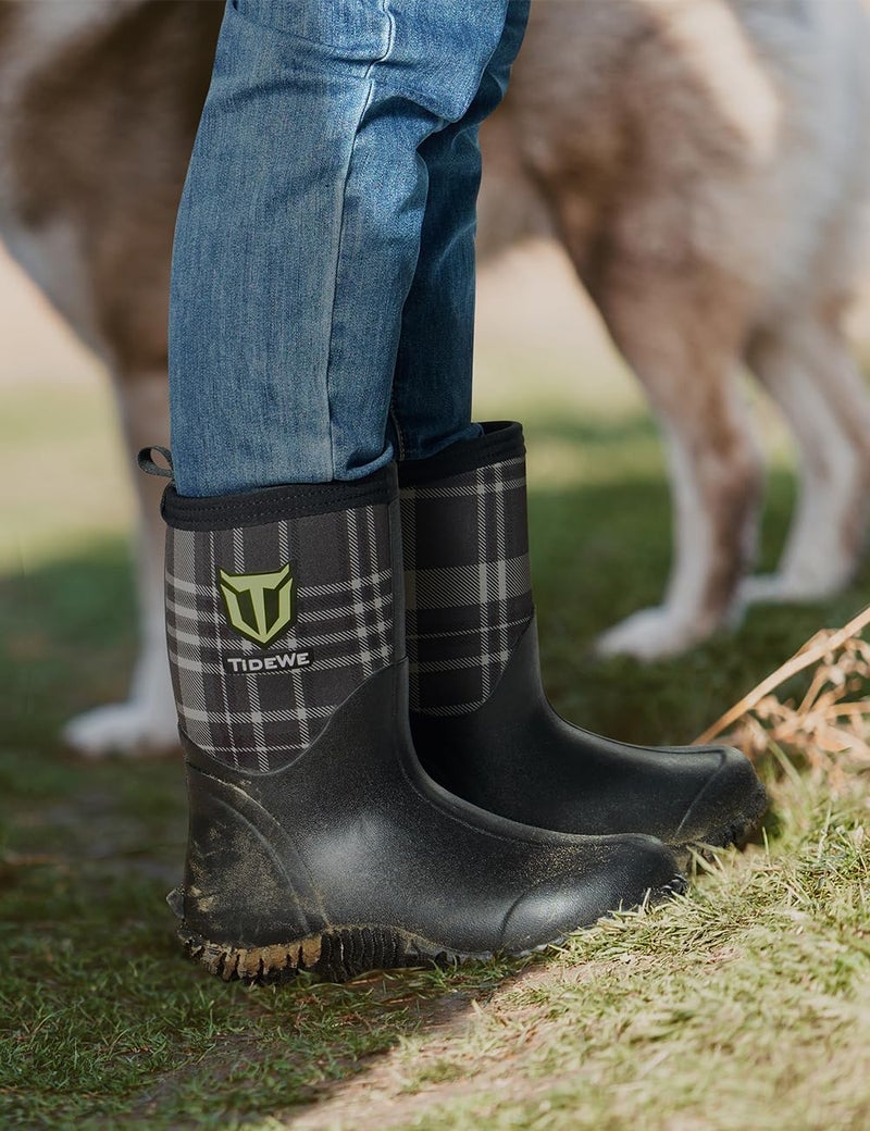 TIDEWE Rubber Boots for Women with Steel Shank, 6mm Neoprene Waterproof Insulated Mid Calf Rain Boots, Sturdy Hunting Work Boots for Farming Gardening Fishing (Plaid Size 10) - Image 2