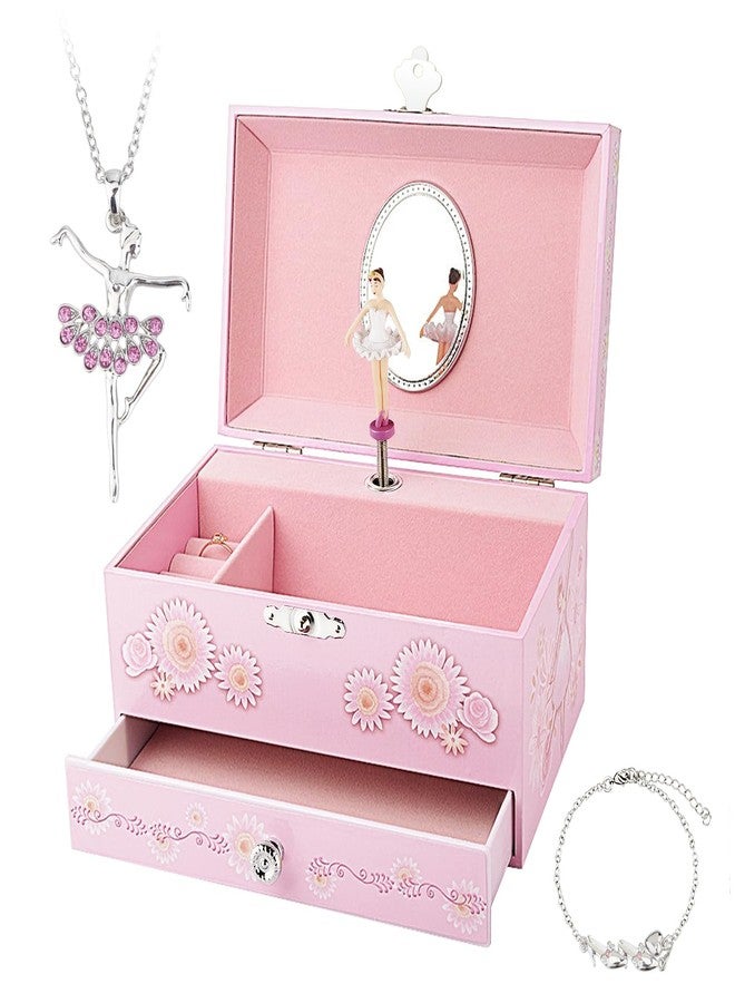 RR ROUND RICH DESIGN صندوق مجوهرات موسيقي دائري بتصميم فاخر للأطفال من آر آر، مزود بدرج ومجموعة مجوهرات مستوحاة من راقصة الباليه - لحن بحيرة البجع باللون الوردي - Image 1