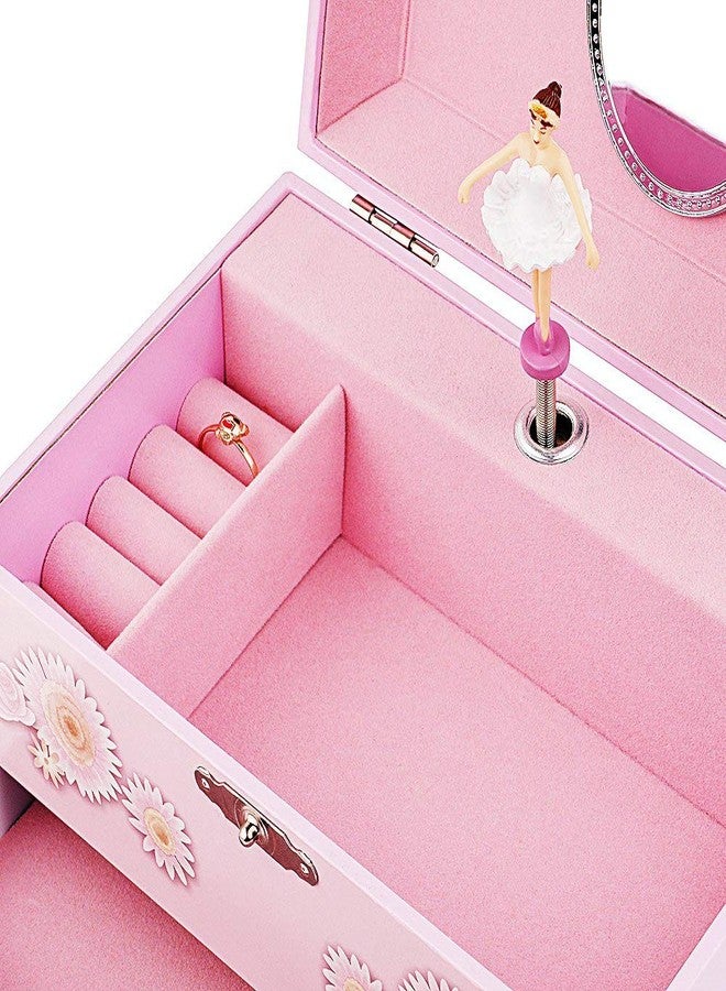 RR ROUND RICH DESIGN صندوق مجوهرات موسيقي دائري بتصميم فاخر للأطفال من آر آر، مزود بدرج ومجموعة مجوهرات مستوحاة من راقصة الباليه - لحن بحيرة البجع باللون الوردي - Image 2