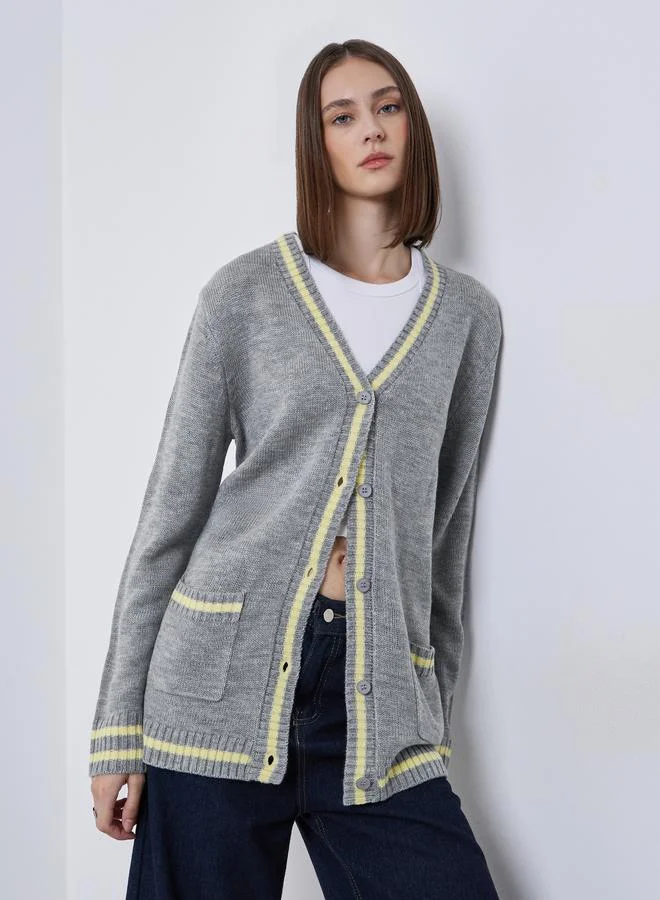 Styli Grey Regular Fit Striped Buttoned Cardigan