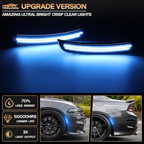 FetonAuto Blue LED Side Marker Lights for Dodge Charger 2015 2016 2017 2018 2019 2020 2021 2022 2023 2024 Front Rear Bumper Turn Signal Lamps, 4PCS Smoked Lens - Image 2