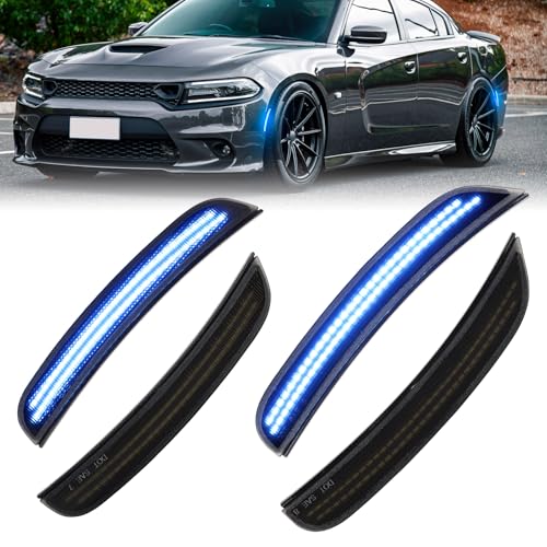 FetonAuto Blue LED Side Marker Lights for Dodge Charger 2015 2016 2017 2018 2019 2020 2021 2022 2023 2024 Front Rear Bumper Turn Signal Lamps, 4PCS Smoked Lens - Image 1
