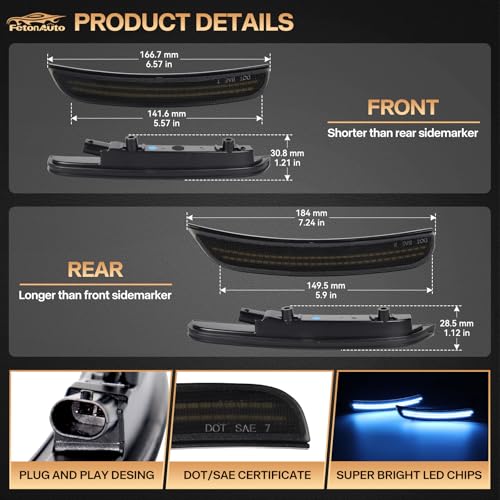 FetonAuto Blue LED Side Marker Lights for Dodge Charger 2015 2016 2017 2018 2019 2020 2021 2022 2023 2024 Front Rear Bumper Turn Signal Lamps, 4PCS Smoked Lens - Image 3