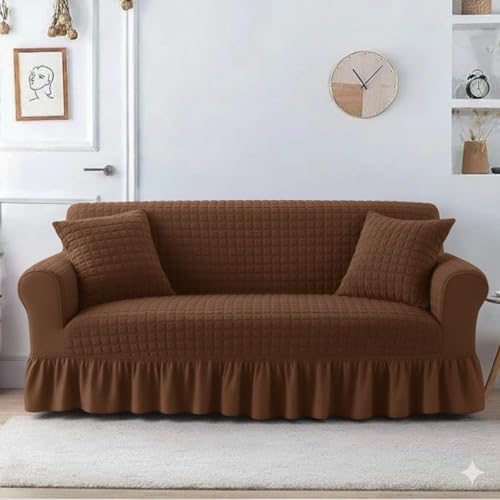 Outlay Home Quilted 3 Seater Sofa Cover with Skirt, Embossed Couch Slipcover, Stretch Furniture Protector with Decorative Fully Covered Living Room Sofa Slipcover (Coffee) - Image 1