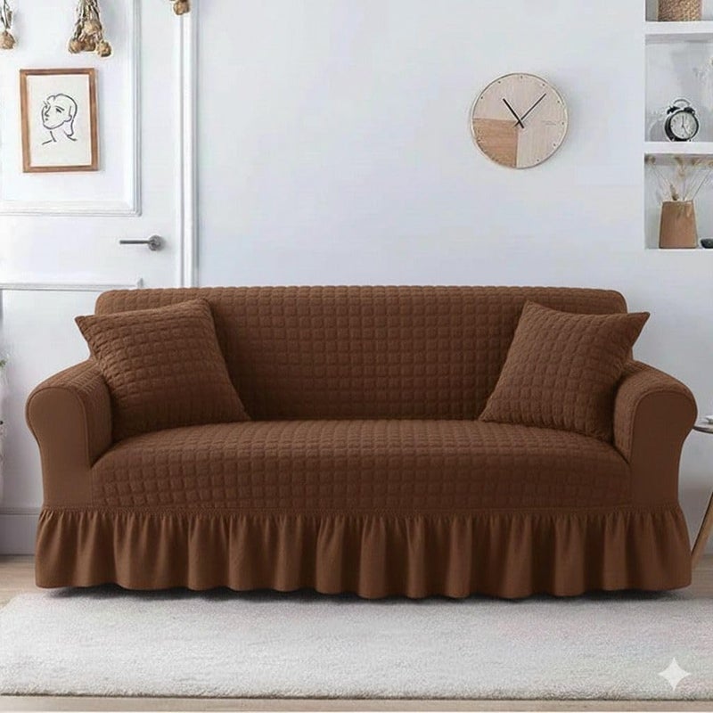 Outlay Home Quilted 3 Seater Sofa Cover with Skirt, Embossed Couch Slipcover, Stretch Furniture Protector with Decorative Fully Covered Living Room Sofa Slipcover (Coffee) - Image 5