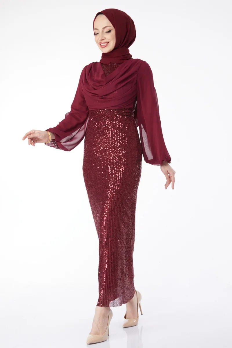 Tofisa 24597-BORDE Chiffon Sleeve Sequined Evening Dress