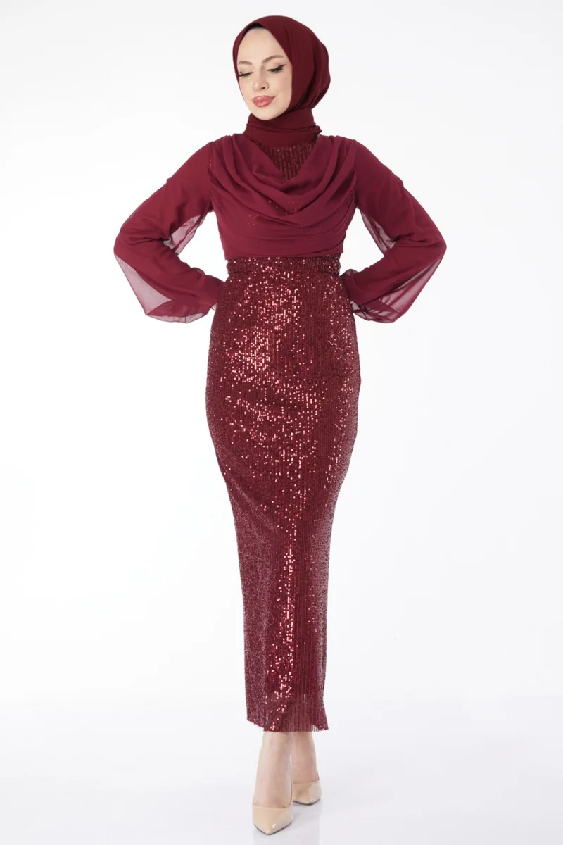 Tofisa 24597-BORDE Chiffon Sleeve Sequined Evening Dress