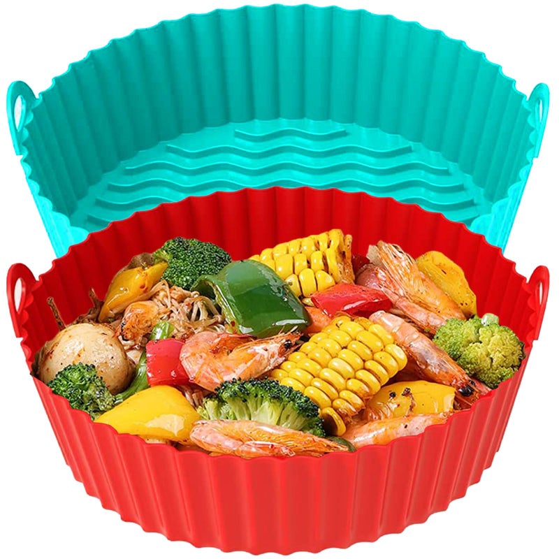 FROVEN FROVEN 8 Inch Round Silicone Air Fryer Liners 2 Pack Reusable Red  Cyan NonStick Liner Inserts Heat Resistant Dishwasher Safe for 3QT to 6QT Air Fryers Compatible with Most Airfryer Brands 